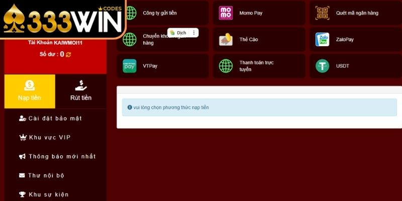 Nạp rút tiền 333WIN và quy trình giao dịch chi tiết